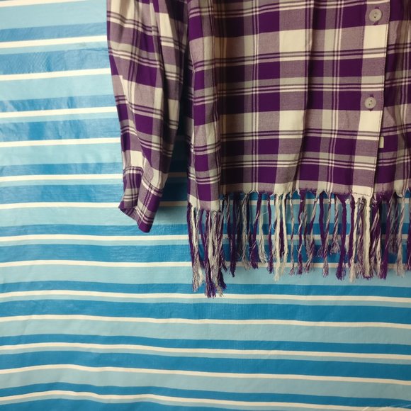 Purple Gingham plaid Western Fringed hem Long sleeve Button down Shirt, M - Picture 3 of 8